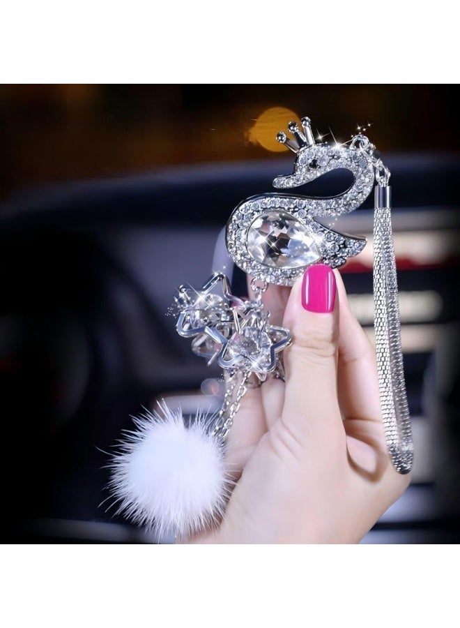 زينة سيارة داخلية، مرآة الرؤية الخلفية، قلادة بوم بوم من ريش البجعة، إكسسوارات سيارة قطيفة مزينة بالألماس، زينة سيارة إبداعية - Image 4